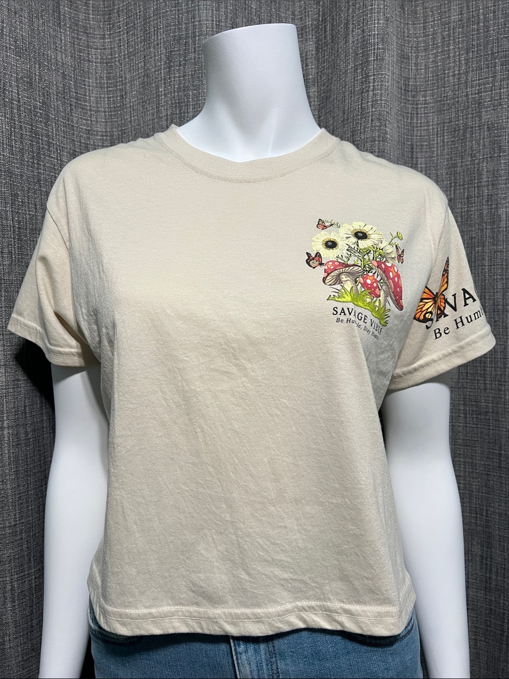 Savage Vibes Graphic Boxy Tee with Yellow Flowers, Mushrooms & Butterflies Small - Picture 7 of 9